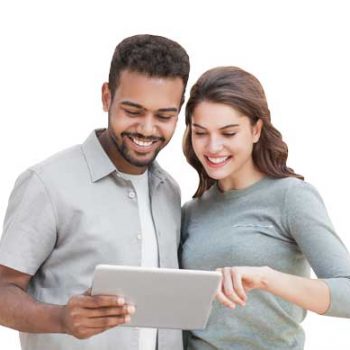 man and woman on device refer a friend